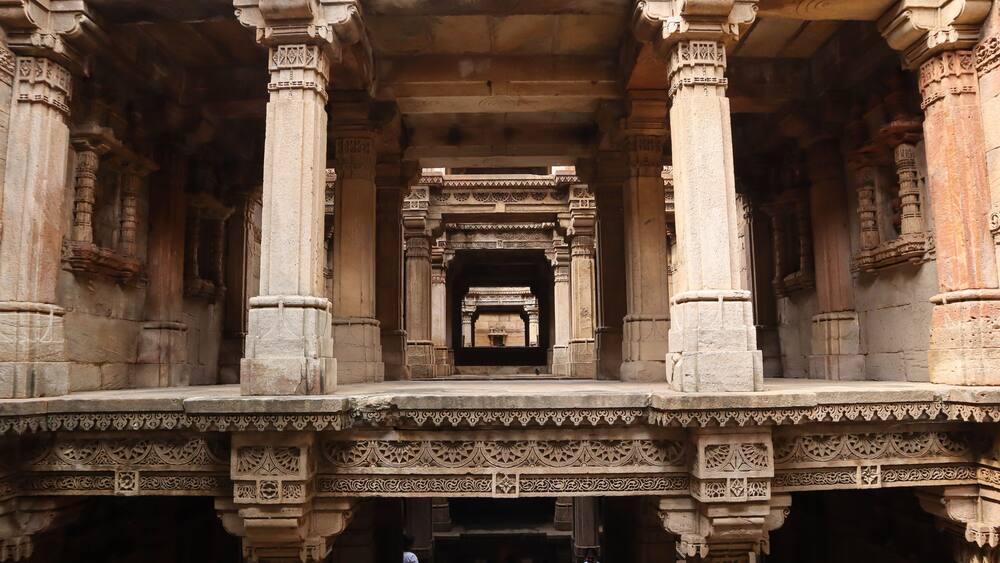 Adalaj Stepwell. It was built in 1498 in the memory of Rana Veer Singh of the Vaghela dynasty. Carved in Stone. Adalaj, Gandhinagar, Gujarat, India.