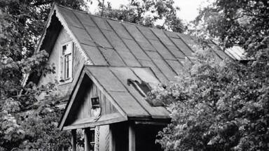 A rustic wooden house with a steeply pitched roof, surrounded by dense foliage and a wooden fence.