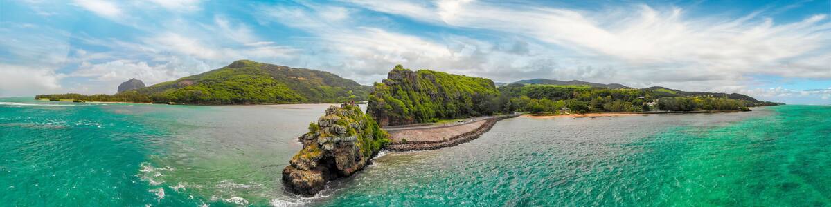 Captain Matthew Flinders Monument in Mauritius. Aerial view from drone on a cloudy day