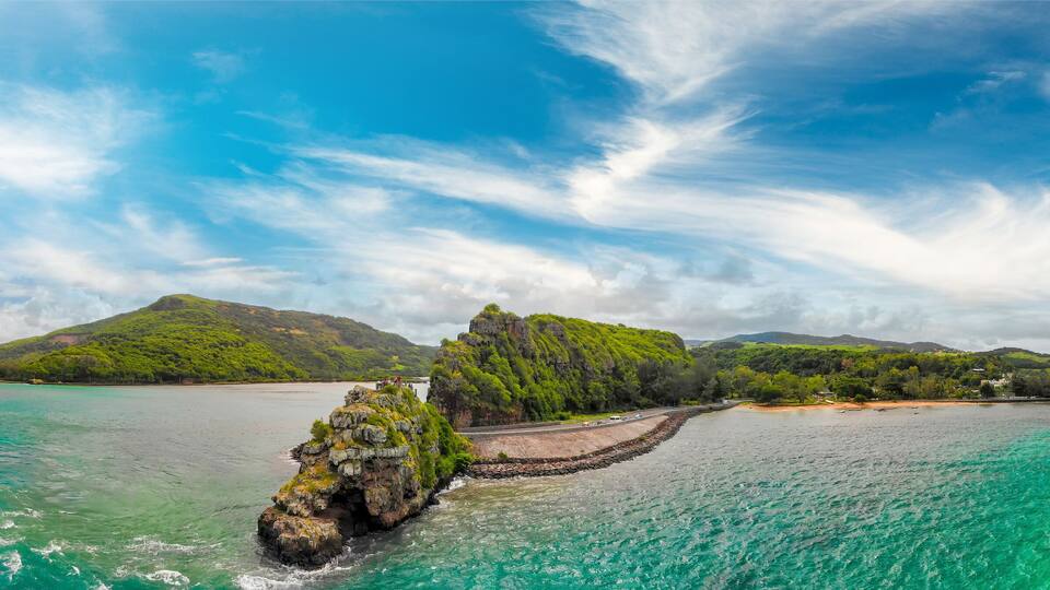 Captain Matthew Flinders Monument in Mauritius. Aerial view from drone on a cloudy day