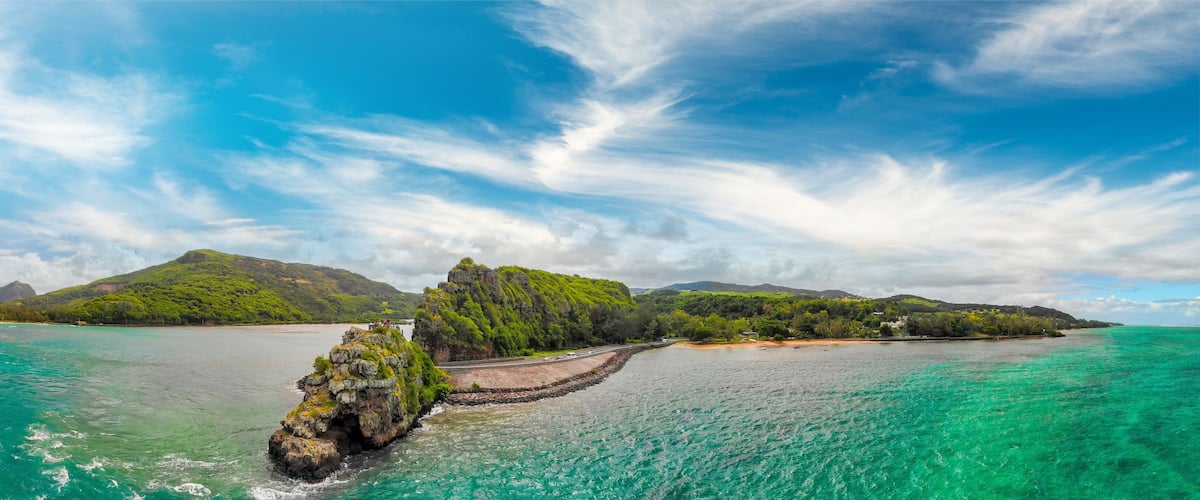 Captain Matthew Flinders Monument in Mauritius. Aerial view from drone on a cloudy day