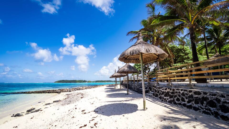 A beach with thatched umbrellas, palm trees, and a clear blue sky.