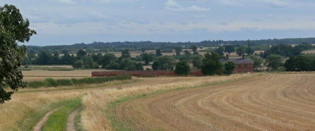 A rural landscape with a dirt path curving through a field of harvested crops, a brick building, and distant trees and fields.