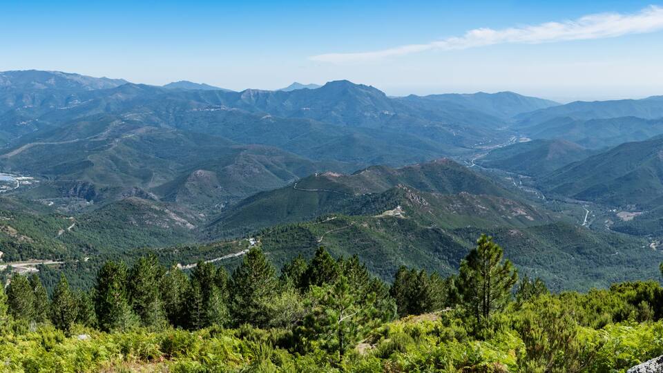 A mountainous landscape with dense forests and a winding road.