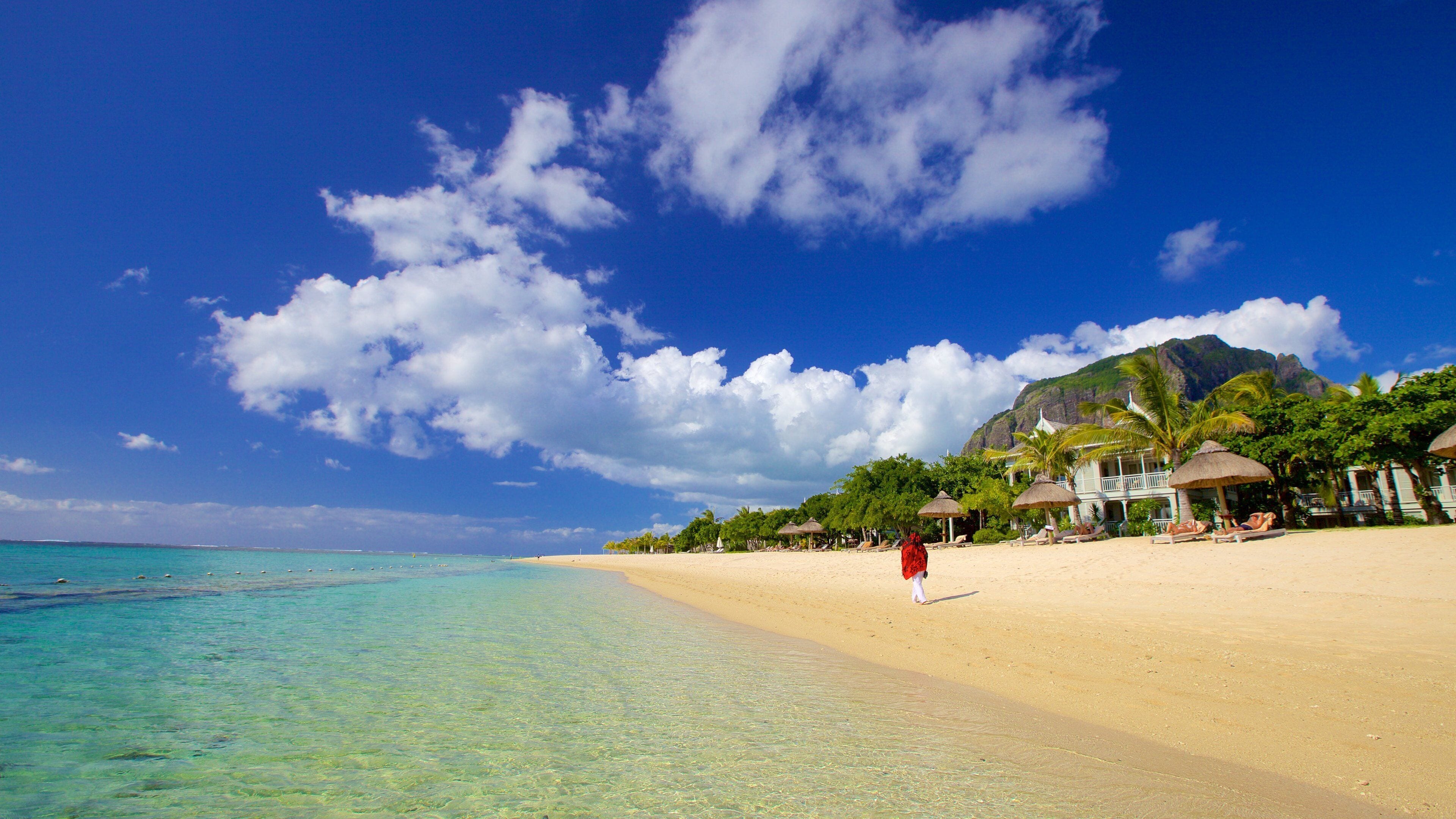A tropical beach with clear turquoise waters, a sandy shore, and a mountain in the background.