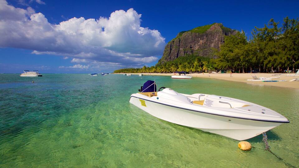 A clear turquoise sea with a white speedboat anchored near the shore, surrounded by palm trees and a rocky cliff.