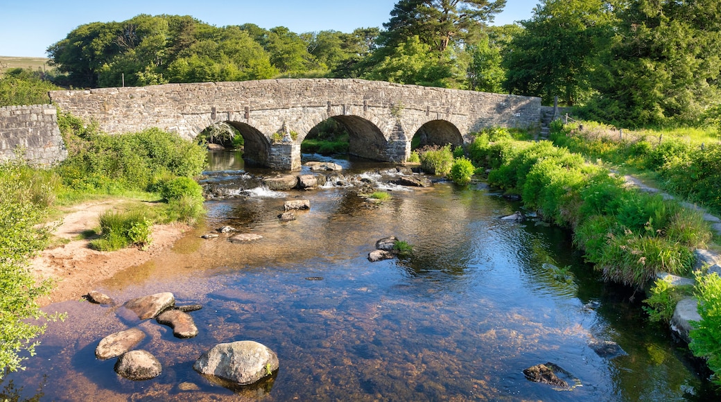 A stone bridge over a clear stream with surrounding greenery.