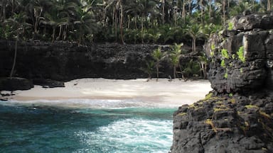 A beach with clear turquoise water, white sand, and a rocky cliff with sparse vegetation.
