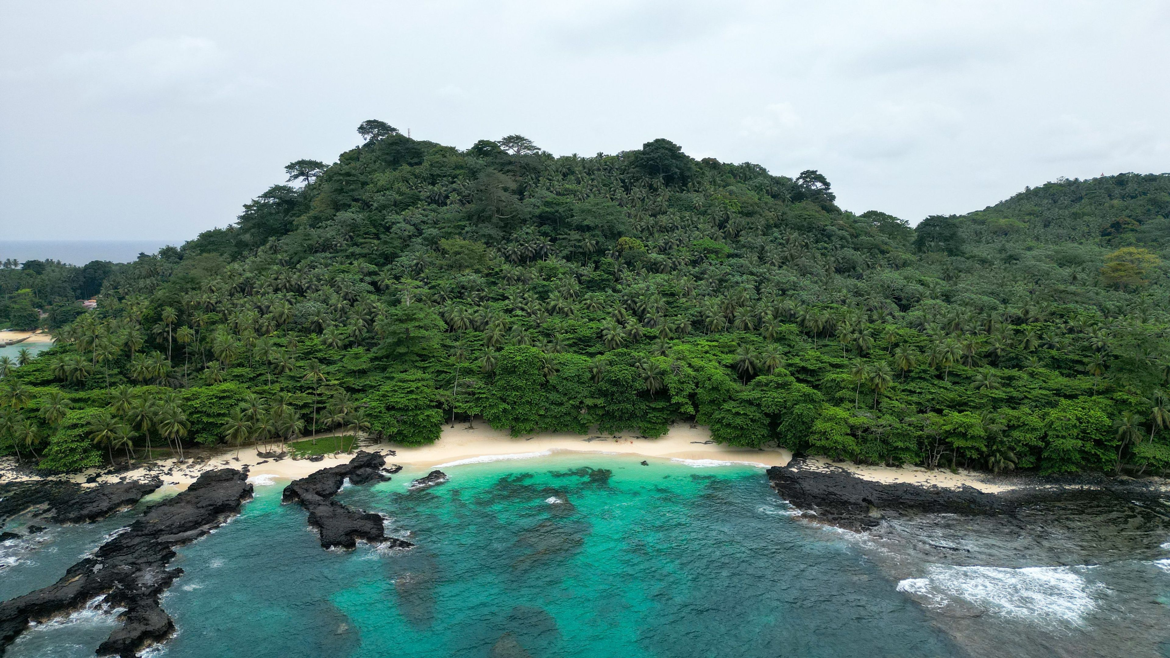 Aerial view  above  Praia Cafe, a paradise beach at Ilheu das Rolas ( Rolas island)