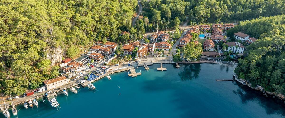 A coastal village with a marina, houses, and dense forested hills.