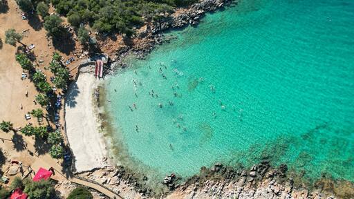 Marmaris, Drone View of Cleopatra Beach in Sedir Island, Gokova, Akyaka, Mugla, Turkey.