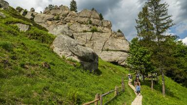 A hiking trail with a wooden fence, rocky outcrops, and lush greenery.