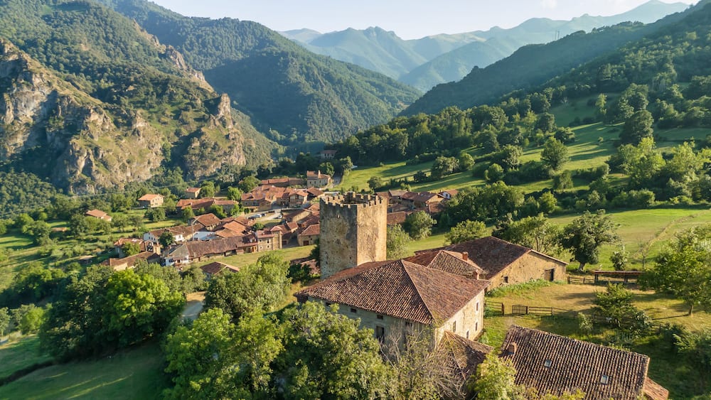 Aerial view of the Mogrovejo medieval village in Cantabria, northern Spain.
