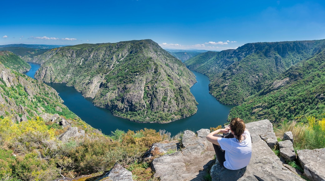 A person sitting on a rock overlooking a deep canyon with a river.