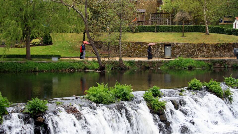 A waterfall, a pond, and people walking in a park.
