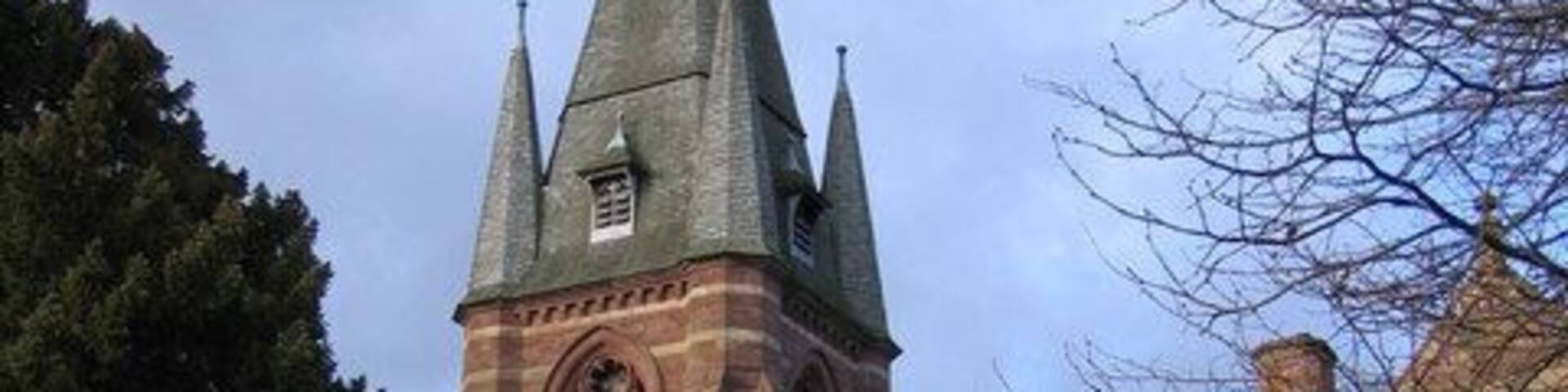 South side of St Mary's, Pulford The south side and tower of the John Douglas church, which was built between 1881 and 1884. The ancient church was demolished at that time.
