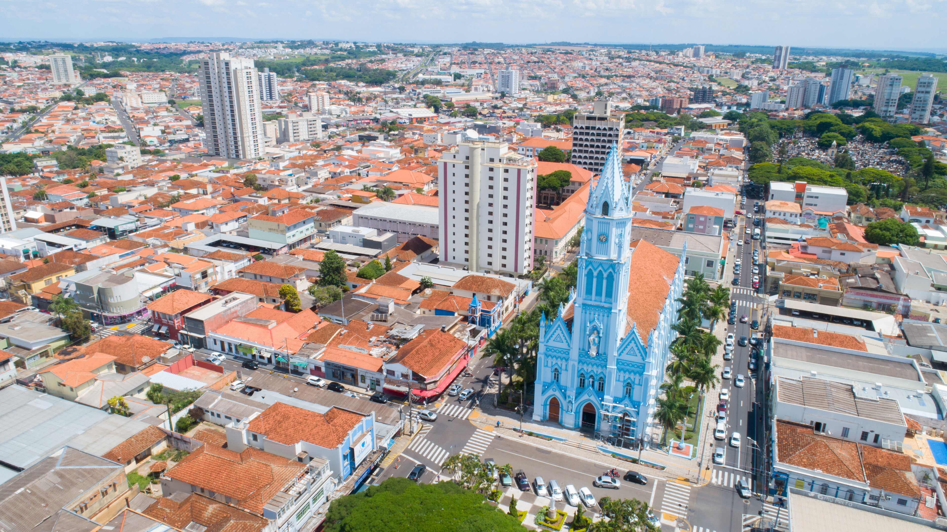 Aerial view of Franca city, mother church. Brazil.