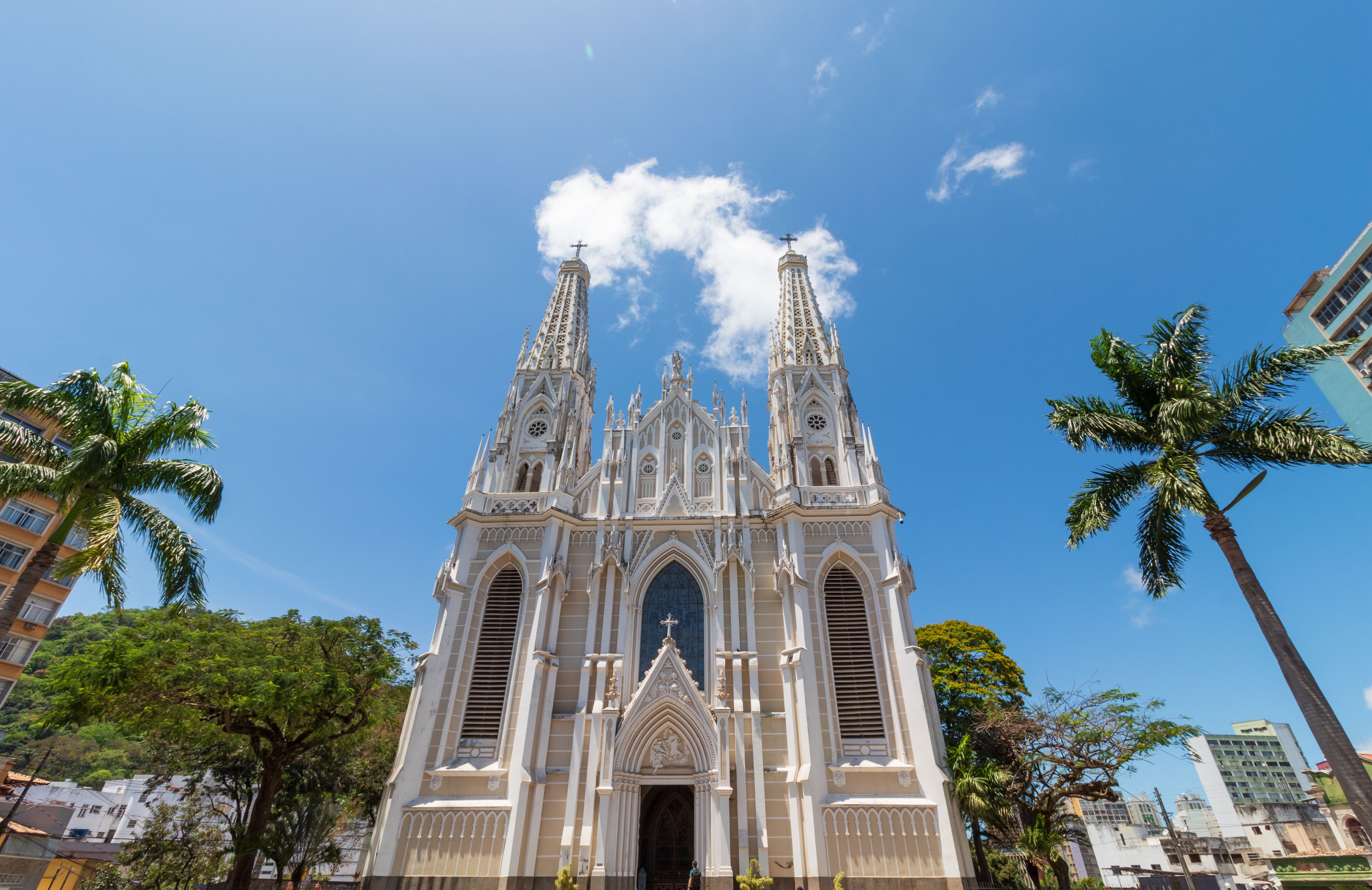 Una catedral imponente con dos torres gemelas y una cúpula central grande, rodeada de palmeras y edificios modernos.