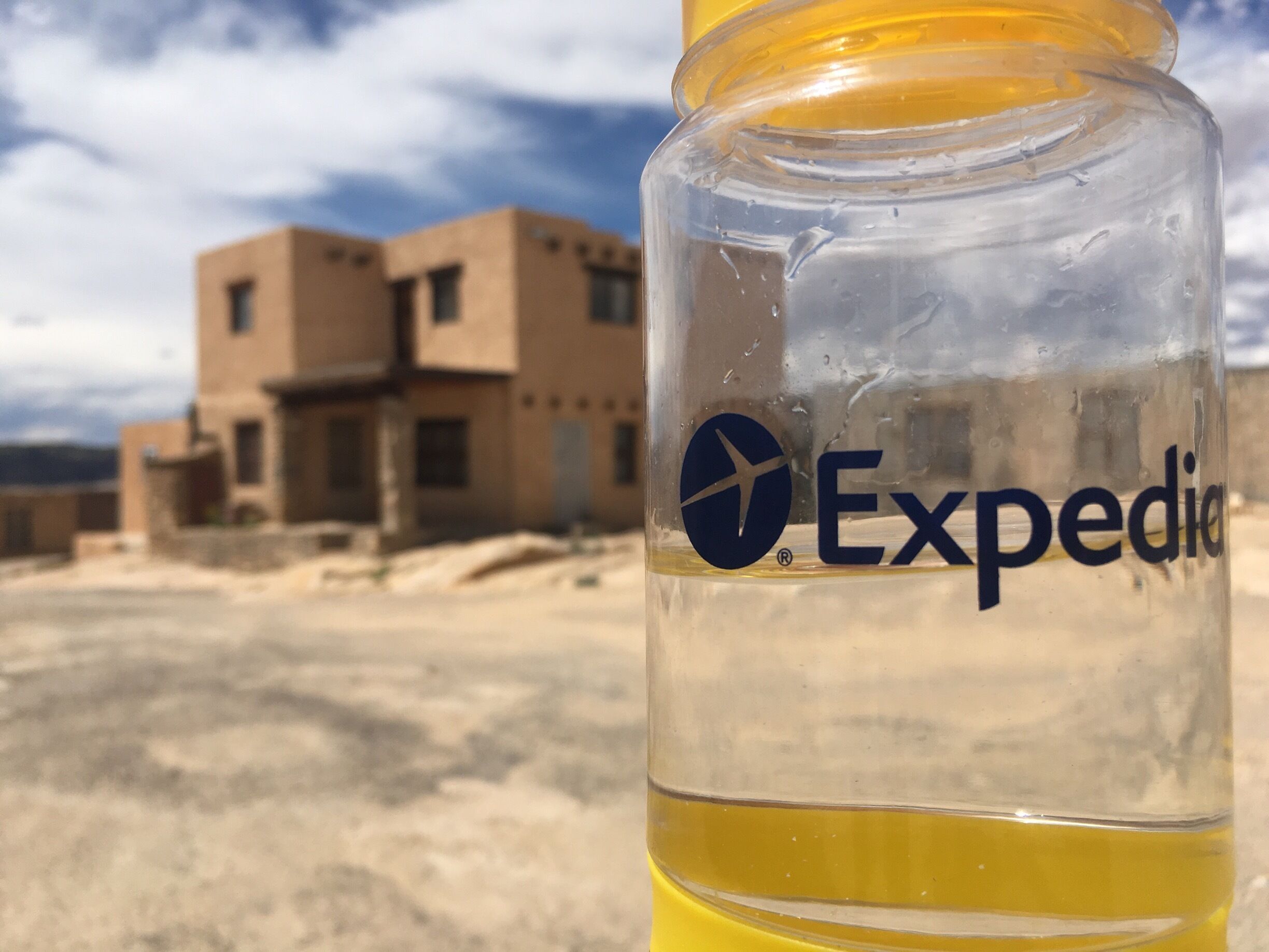 A clear glass bottle with a yellow liquid, labeled 'Expedia', in front of a desert landscape with buildings.