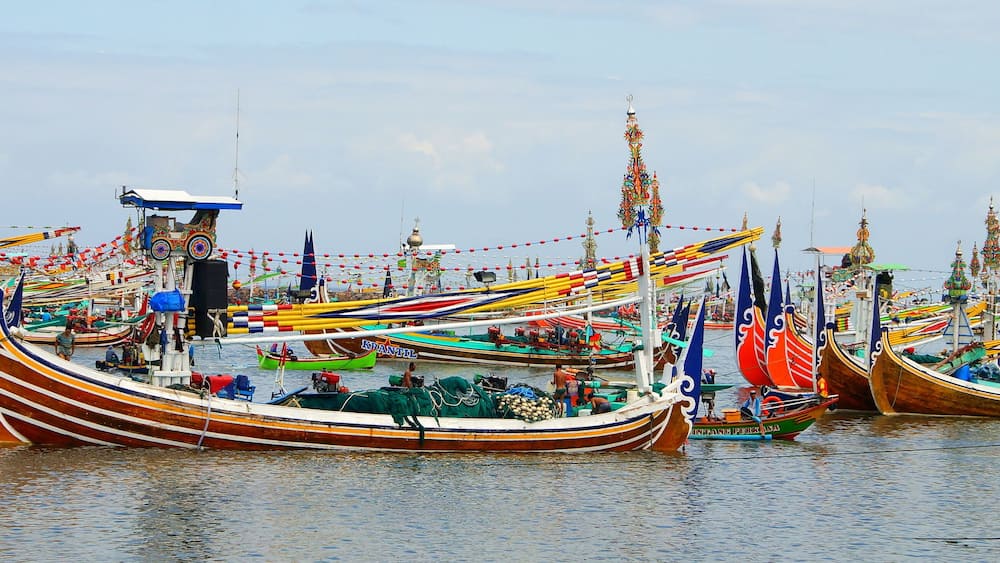 Panoramaansicht vom Hafen in Negara mit vielen traditionellen bunten Holzbooten in Bali