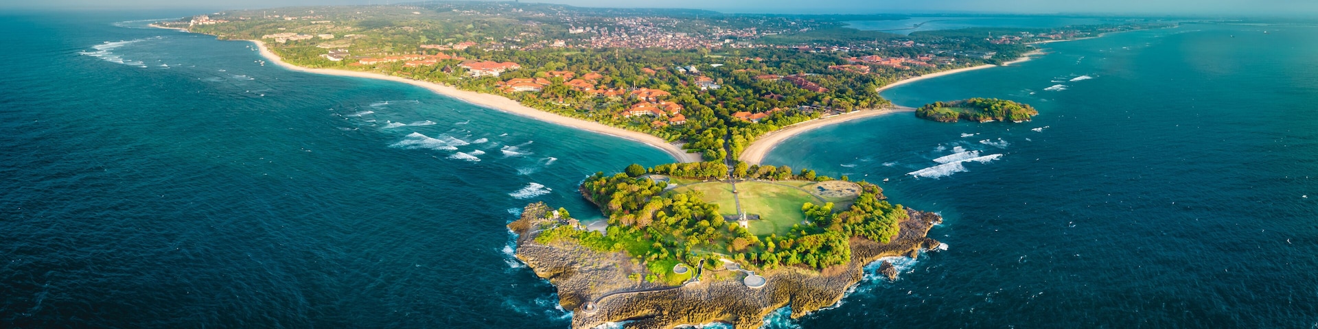 Aerial view of Nusa Dua Beach in Bali Indonesia with peninsula island