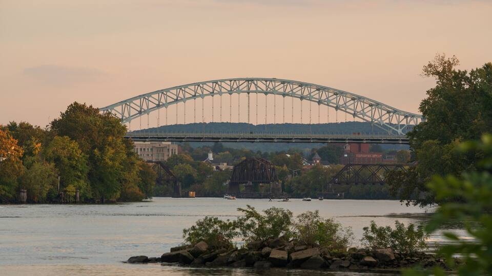 A steel arch bridge over a river with surrounding trees and buildings.