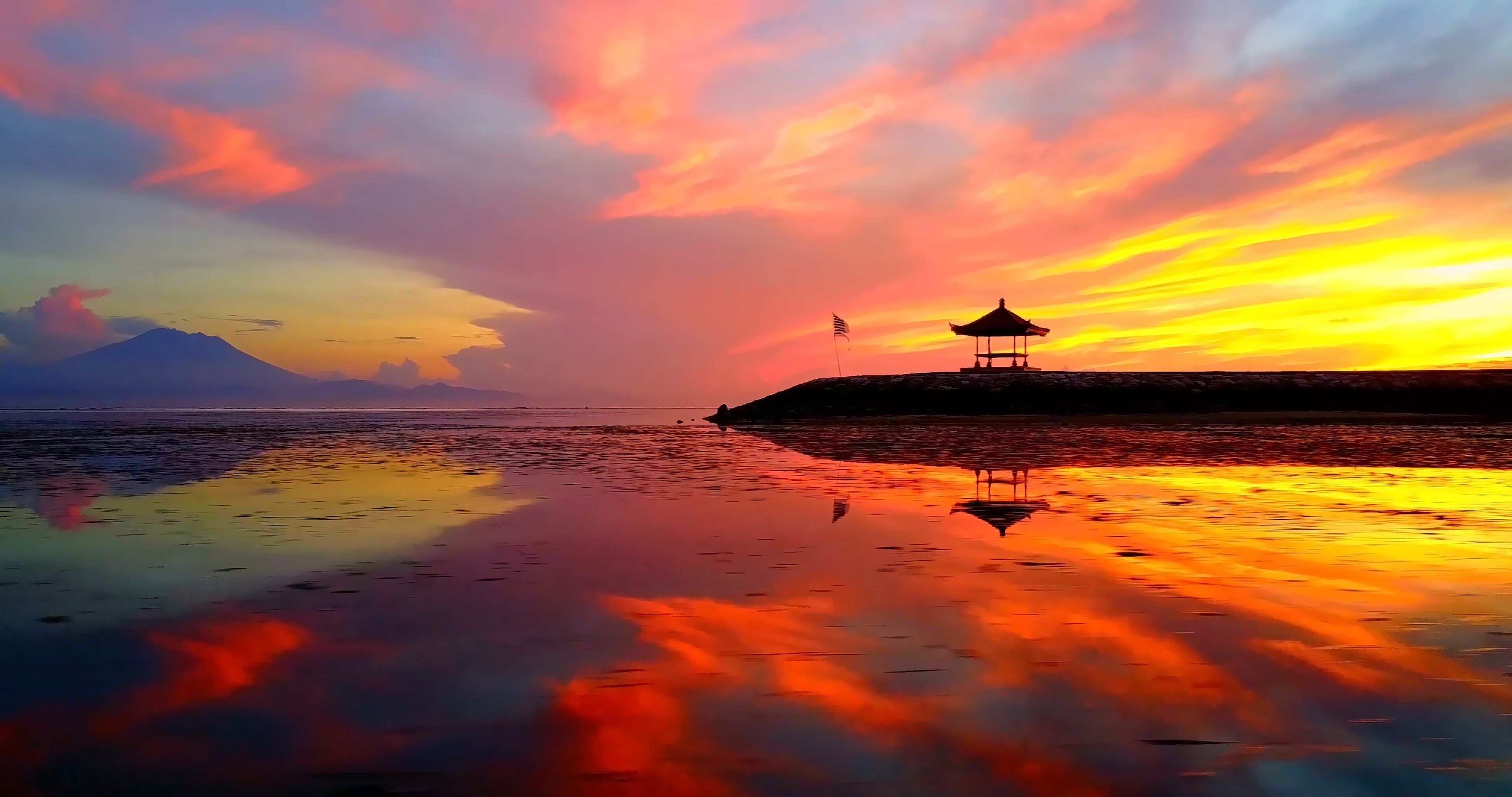 Asian Gazebo Silhouette During Tropical Sunrise On Ocean Point - Sanur Beach, Indonesia