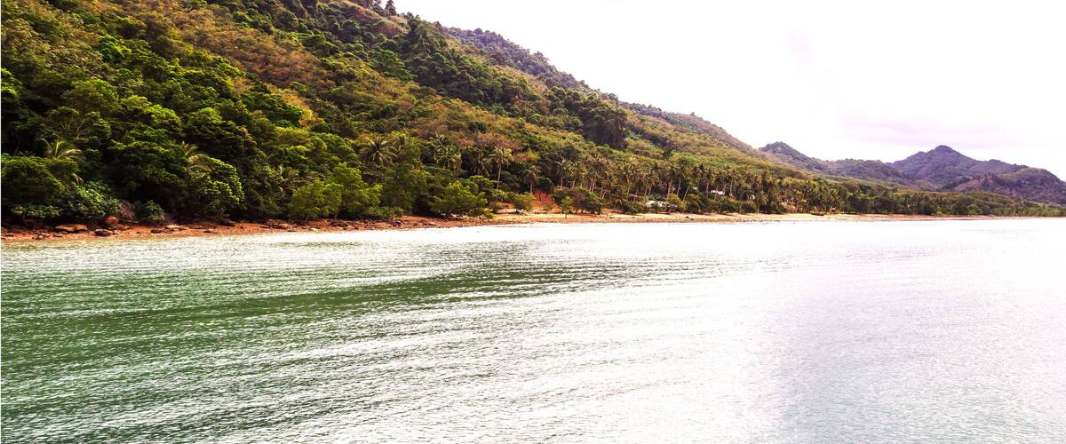 A calm sea with a sandy beach and dense green forested hills in the background.