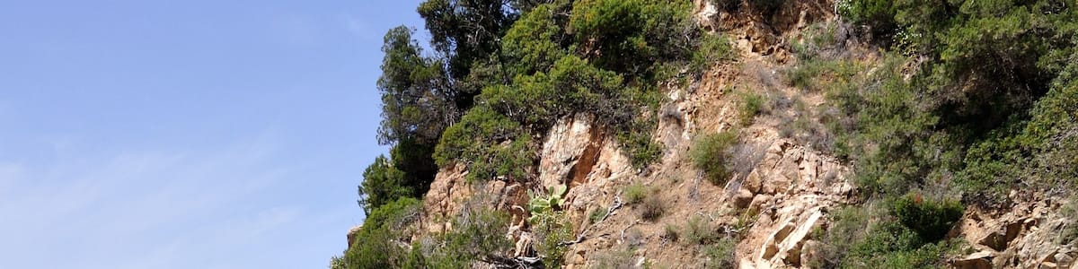A clear coastal beach with rocky cliffs and sparse vegetation.