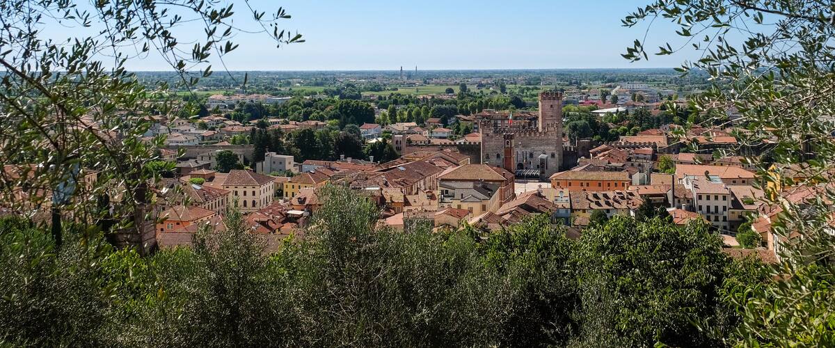 A town with a prominent tower and surrounding buildings.