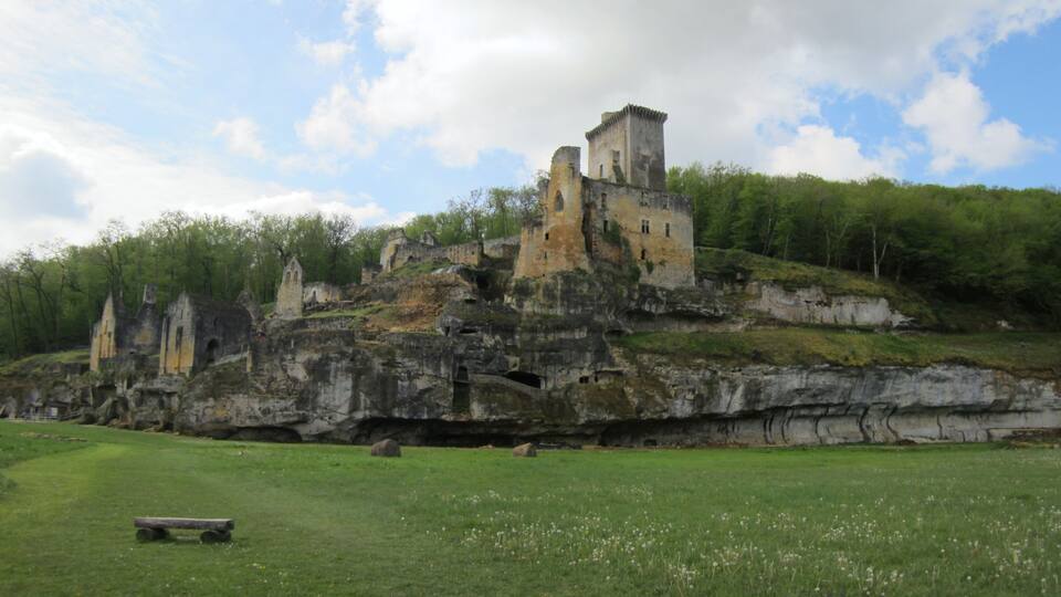 A ruined castle on a grassy hill with trees in the background.