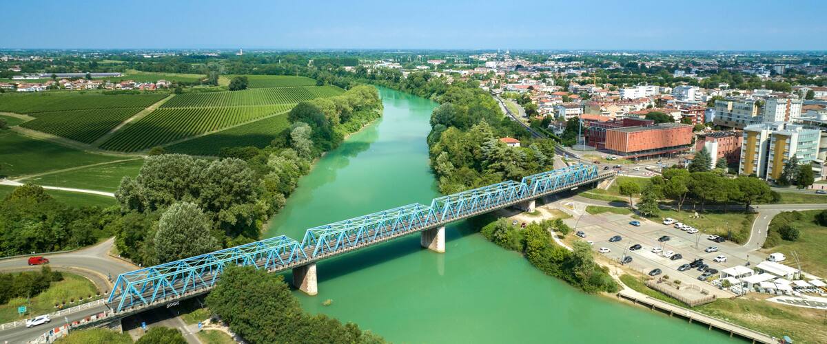 A blue bridge over a green river, surrounded by urban buildings and greenery.