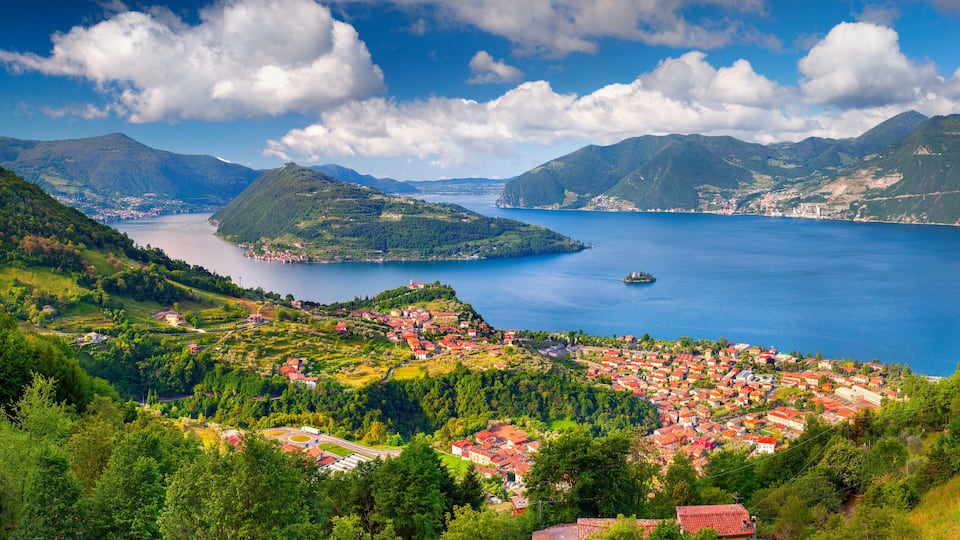 Spring sunny morning on the city Maroney. Italy, the Alps, Lake Iseo.