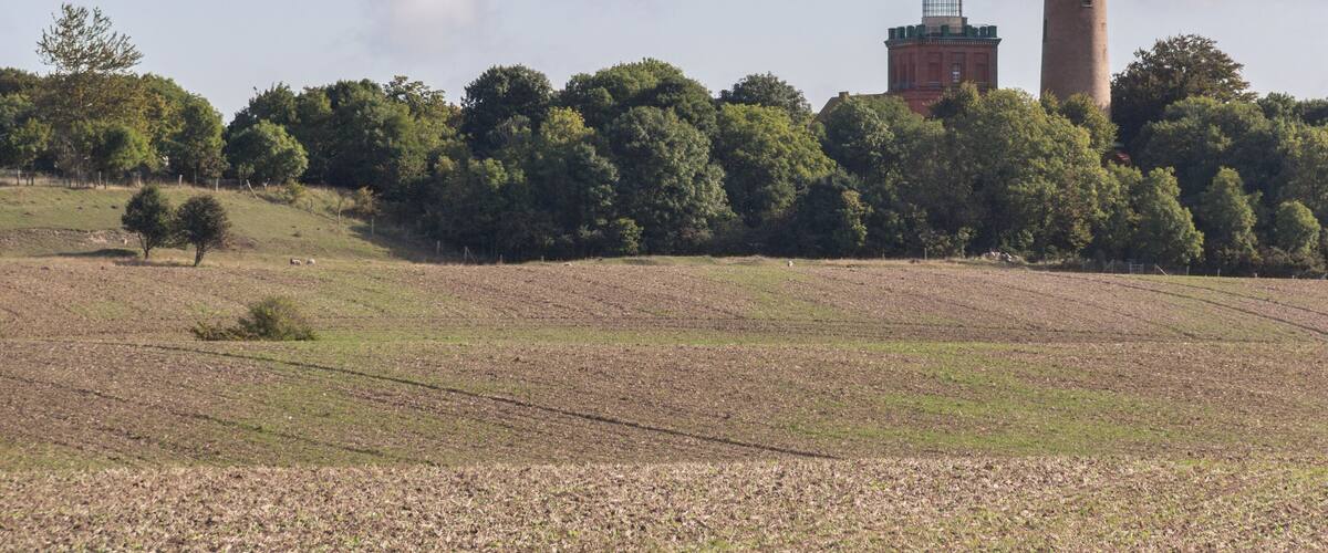 A lighthouse, a red brick building, and a forested hill.