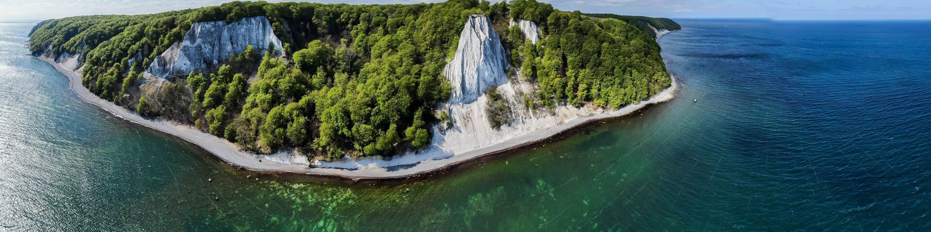 Panorama view of the Koenigsstuhl or Kings Chair and Victoria´s View / Ruegen (Rügen) Chalk Cliffs in the Jasmund National Park in the Baltic sea (Germany, Europe) Island of Ruegen