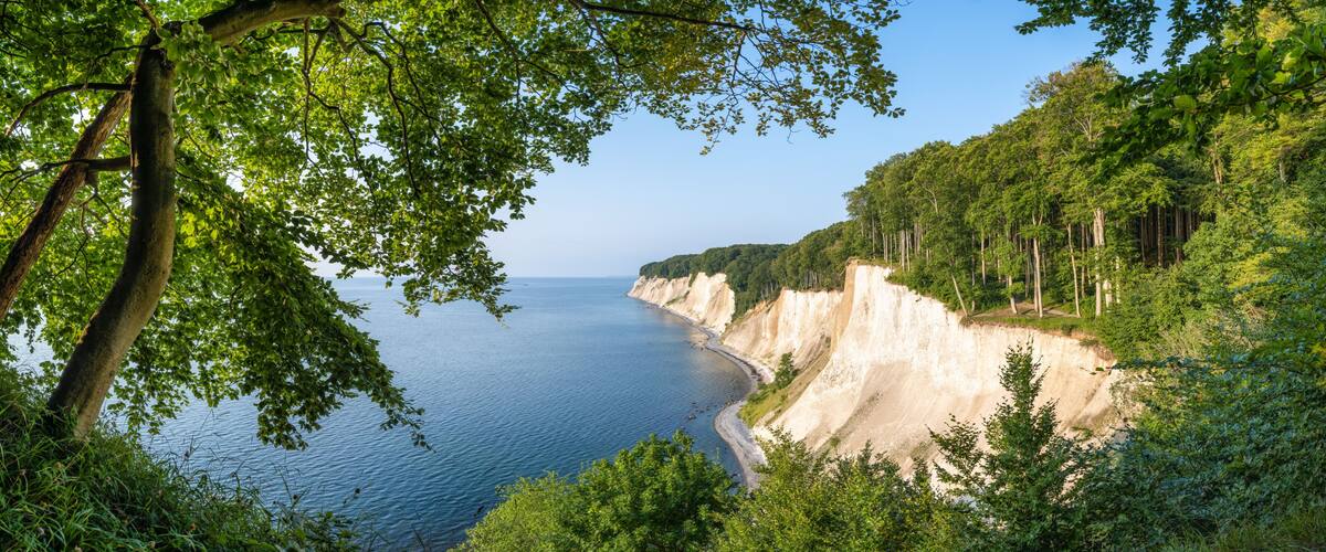 A coastal landscape with cliffs, a beach, and dense greenery.
