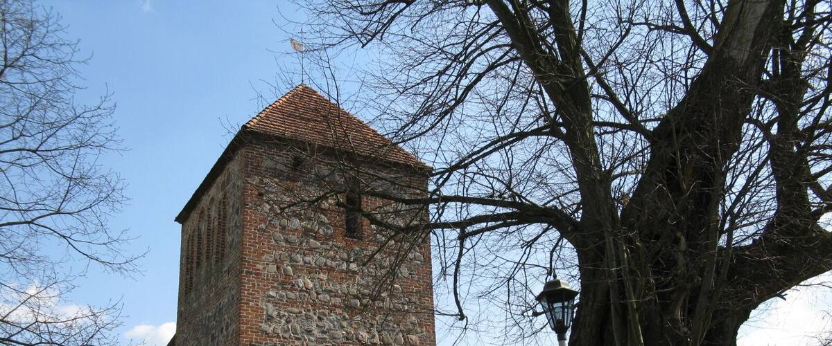 A stone church with a tiled roof, a large tree, and a pathway leading to the entrance.