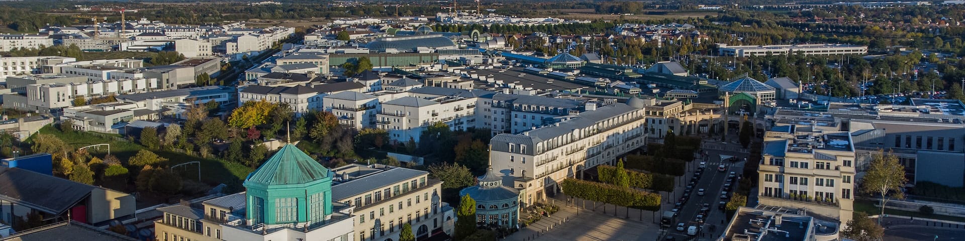 Aerial view of the new town of Val d'Europe in Marne La Vallée, in the eastern suburbs of Paris, France - Modern residential appartment buildings and offices in development