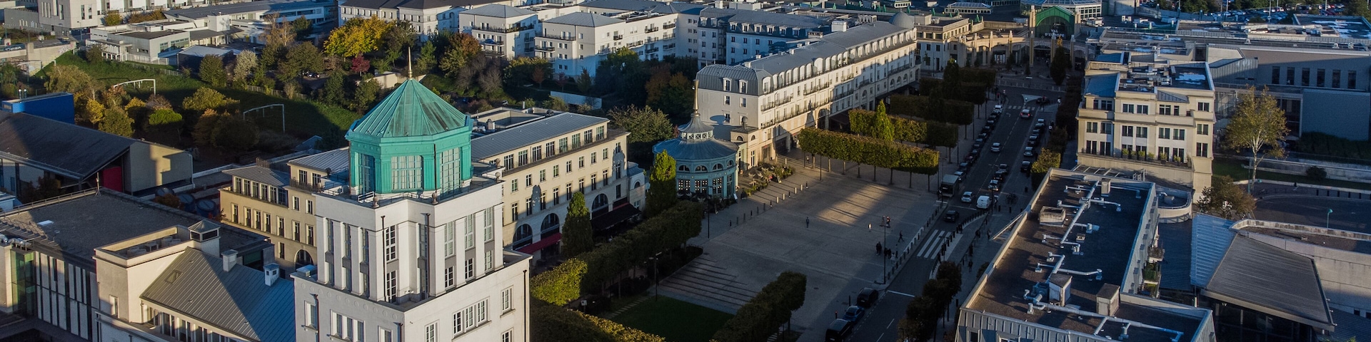 Aerial view of the new town of Val d'Europe in Marne La Vallée, in the eastern suburbs of Paris, France - Modern residential appartment buildings and offices in development
