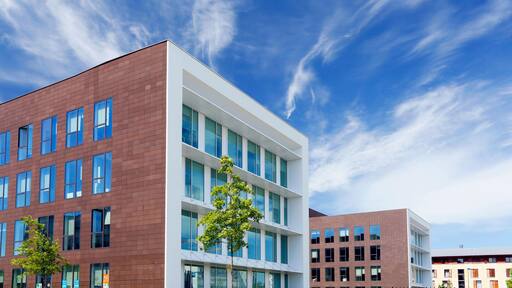 HK0H4X France, Seine-et-Marne. New town of Montevrain (Serris-Chessy-Marne la Vallee). Buildings facades.