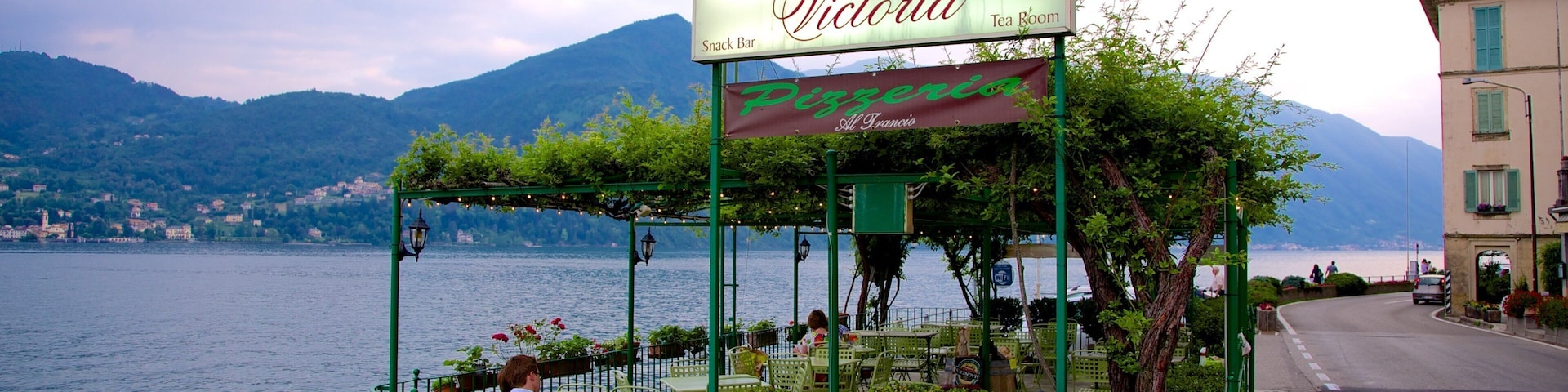 Tremezzo showing signage and a coastal town