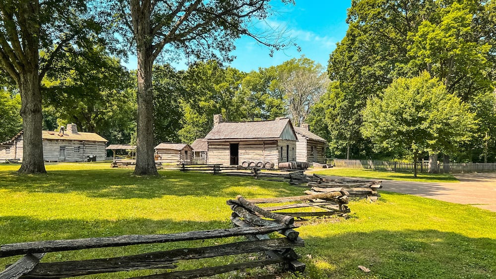 Split Rail Fence and Log Cabin Style Homes at Lincoln's New Salem State Historic Site. A reconstruction of the former village where Abraham Lincoln lived 1831 to 1837. Public park on public land.