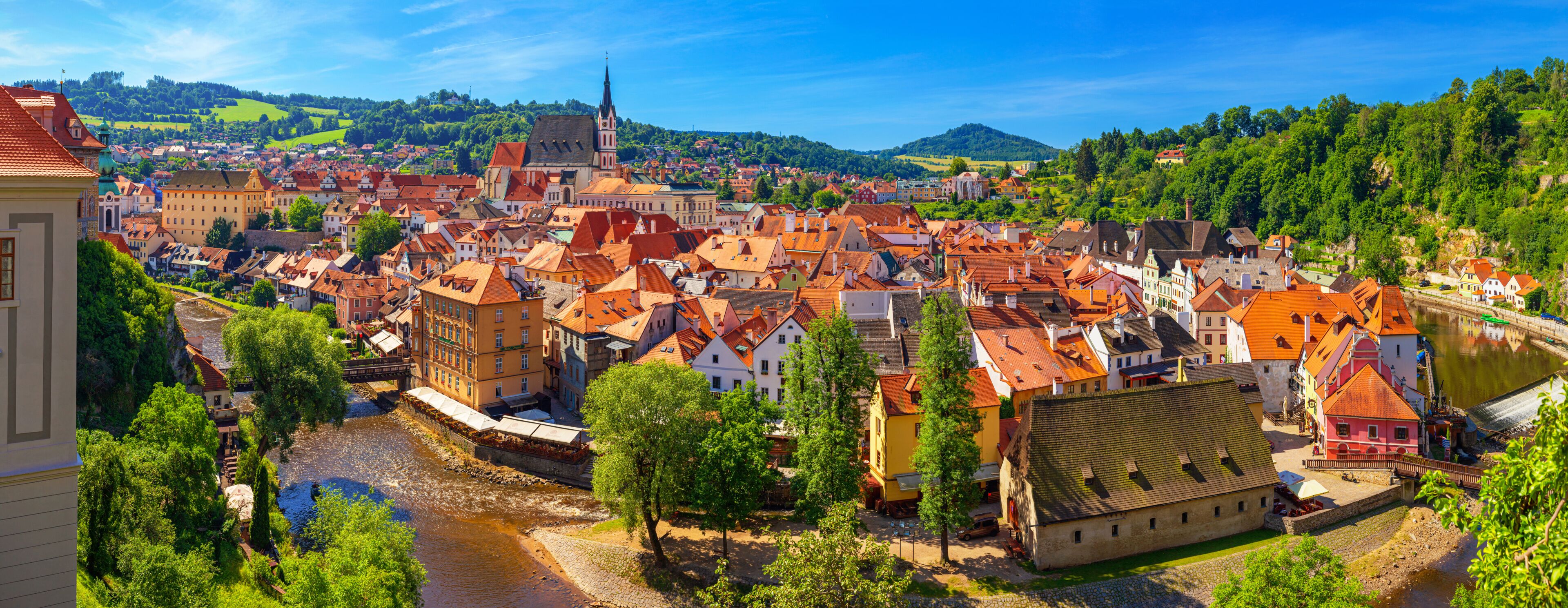 Summer cityscape, panorama, banner - top view of the Old Town of Cesky Krumlov and the Vltava river, Czech Republic