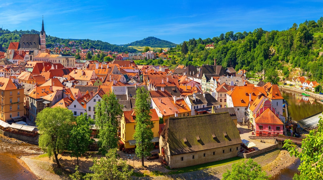 Summer cityscape, panorama, banner - top view of the Old Town of Cesky Krumlov and the Vltava river, Czech Republic