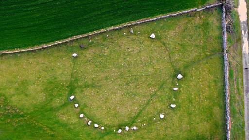 An aerial view of a circular stone arrangement in a grassy field, surrounded by a stone wall.