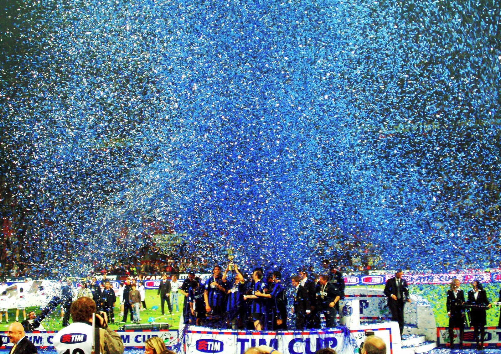 A moment of happiness in San Siro Stadium, Milan. Fc Internazionale (also known as Inter) won the coppa italia 2005, beating a.s. Roma.
