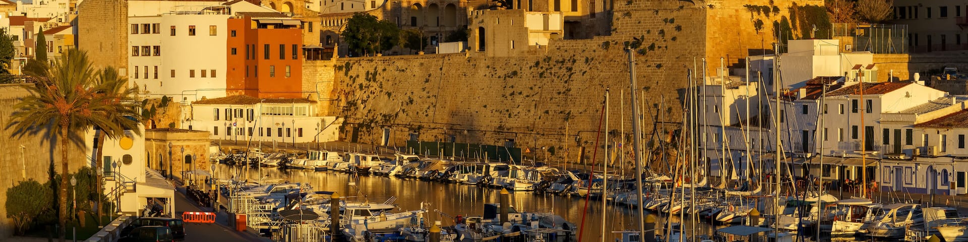 A historic coastal town with a marina, prominent buildings, and a large stone wall.