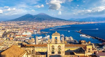 Un paisaje urbano costero con una catedral destacada, una gran montaña al fondo y un puerto concurrido con barcos.