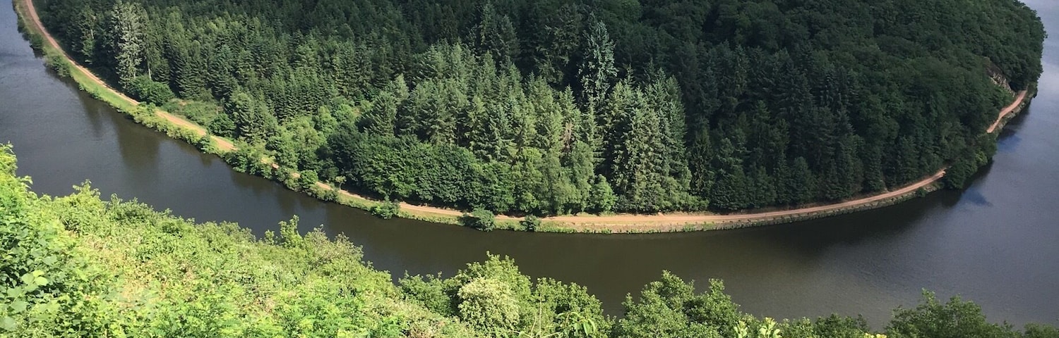 Saar River in Germany. You can sit on the wall above and stare at this for hours or you can (for a small fee) go even higher. It is beautiful and to celebrate the view there are many different sweet wines available for sample and purchase.