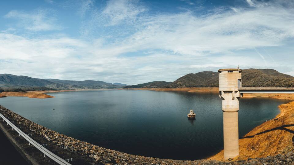 Landscape on a clear day at Blowering Reservoir/Dam near Tumut, Snowy Mountains, New South Wales